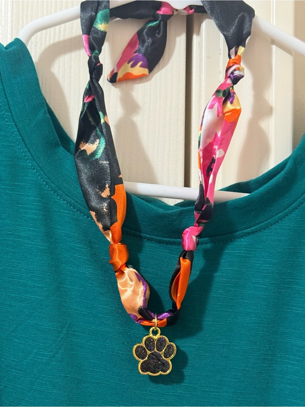 Adjustable Floral Scarf Necklace with Paw Pendant Multicolor